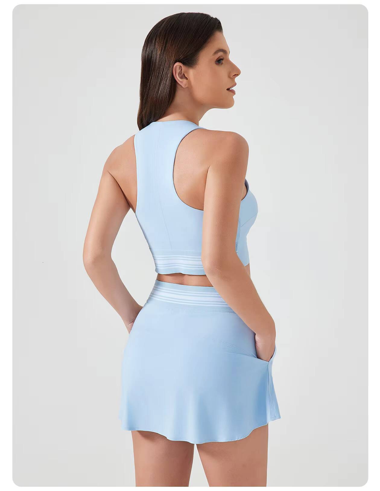 2PCS Contrast Color Tennis Skirt Yoga Suit Vest Top with Lining Short Skirt Suit Outdoor Sports Dance Pilates Fitness Clothes