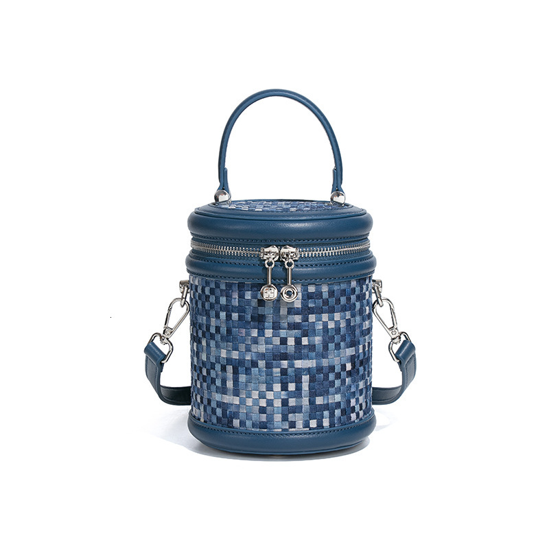Light Luxury for Women Washed Denim Color-Block Niche Design Fortune Bucket Woven Handbag Tote Cylinder Bag