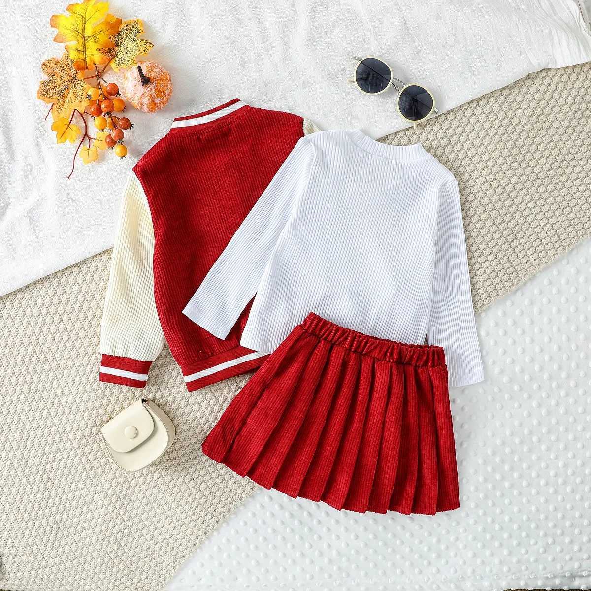 3Pcs Autumn New Style Sweet Kids Girl Long Sleeve Top ColorMatched Baseball Uniform Coat Solid Color Pleated Skirt Set L250926MQLP