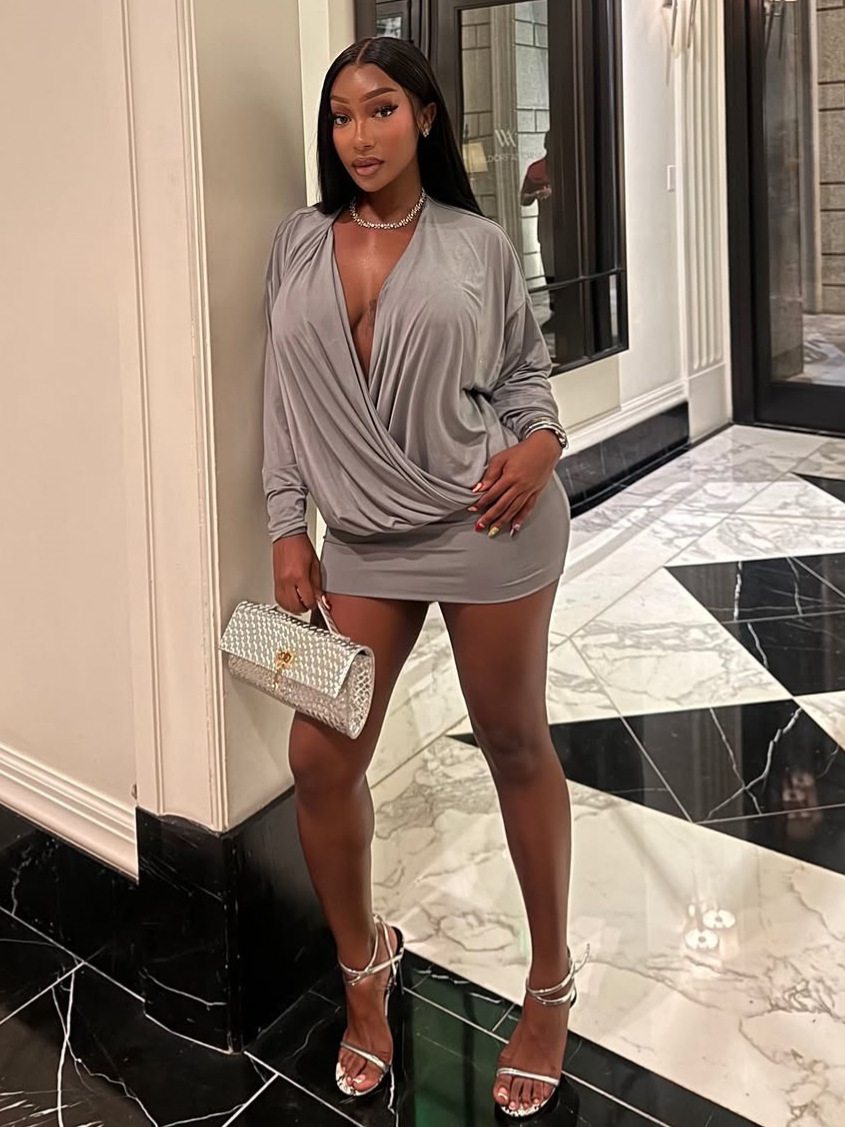 G927Autumn new sexy V-neck slim fit bottoming stitching long-sleeved dress foreign trade