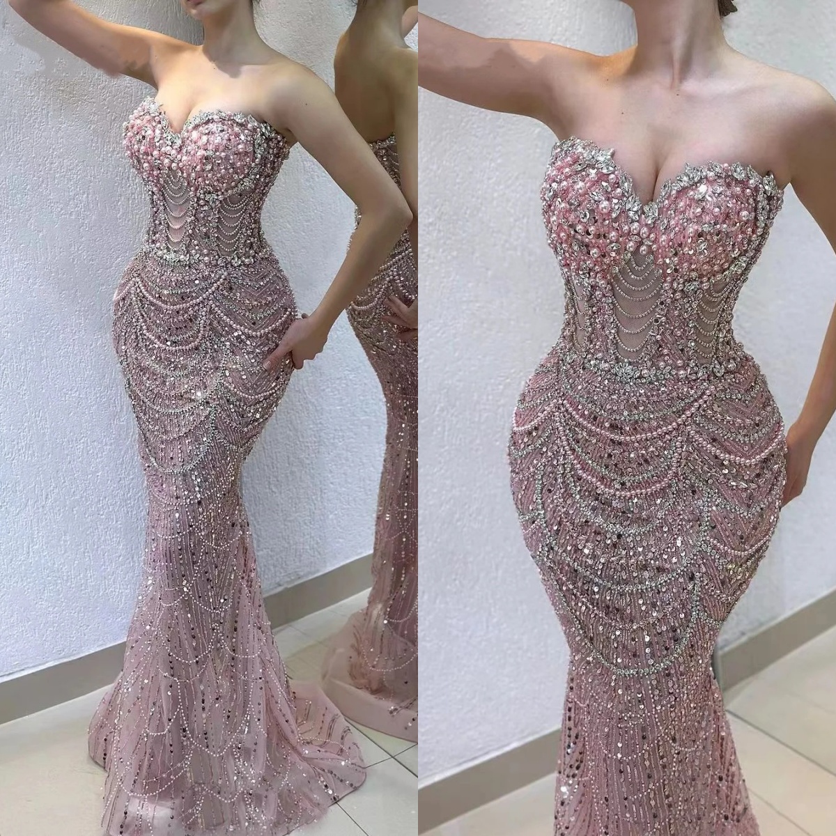 Exquisite Strapless Evening Dresses Pearls Crystal Prom Gowns Beading Sleevesless Princess Customized Vestidos De Noche Plus Size