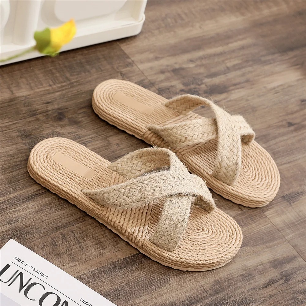 Flat Shoes Strap Ladies Slippers Outer Beach Sandals Slippers Women Women Summer Strappy Flip Flops - Imitation Straw Flat Shoes with Cross Over Desig