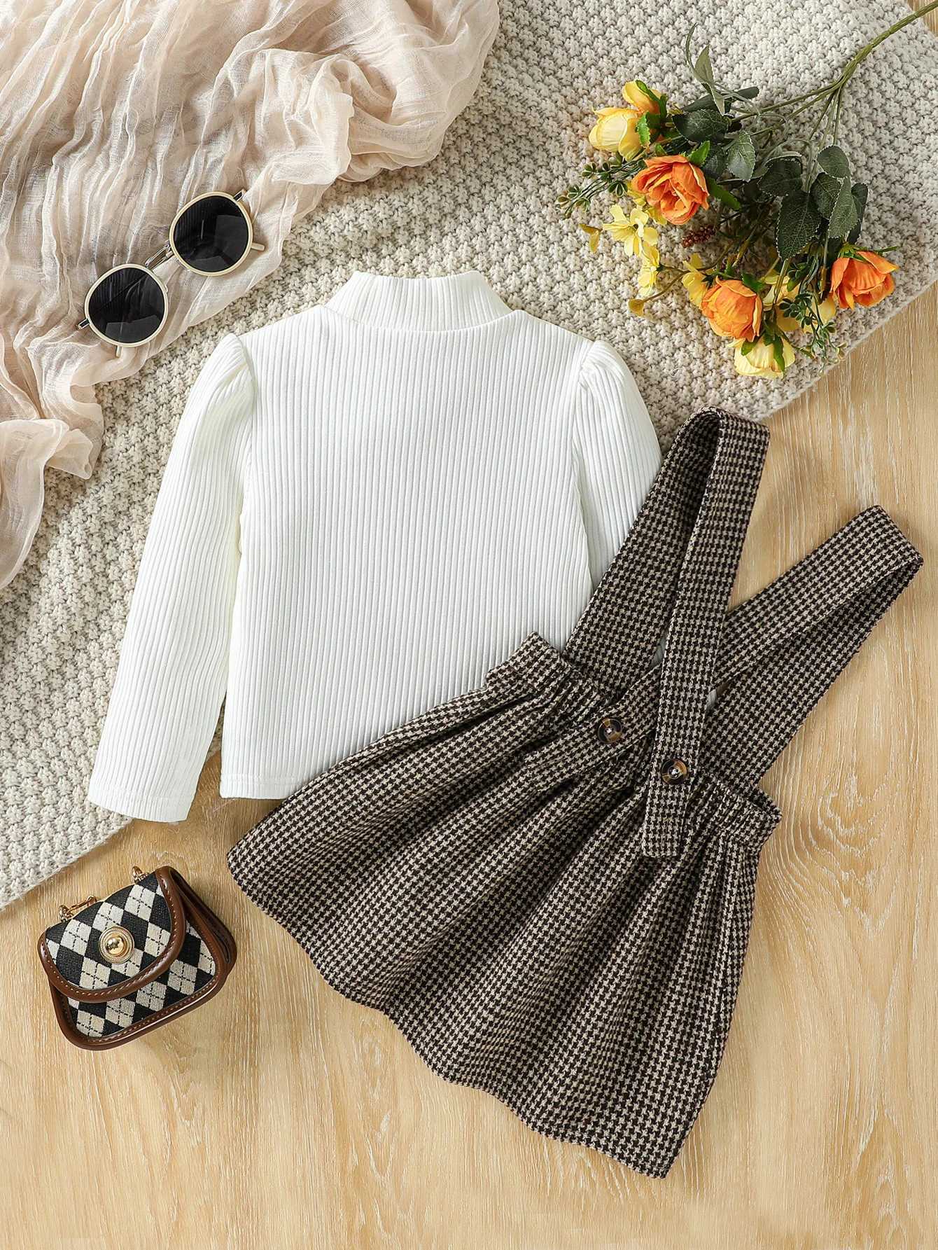26 Years Kid Girl Solid Long Sleeve Top Plaid Strap Skirt Set Fashion Cute All Match Wear Autumn Winter Party Outifit Clothes L2509268I1I