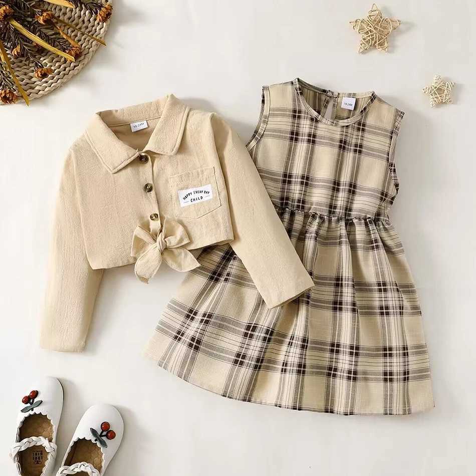 Girls Spring Autumn Apricot Coat Apricot Checkered Long Skirt Two Piece Set Outdoor Activities Birthday Gift Children Sets L250926IXQ6