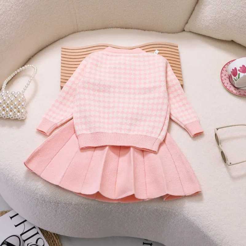 Baby girl spring and autumn set fashionable childrens sweater knitted round neck jacketshort skirt 2PCS L2509261CAA