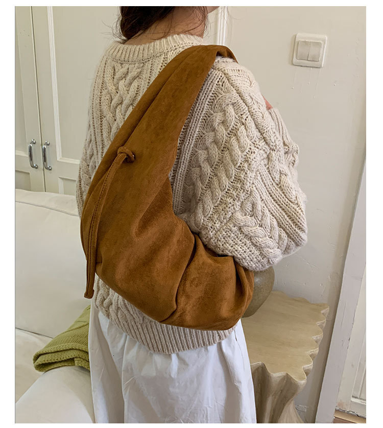 Korean style suede half moon shaped women s armpit bag autumn and winter new style suede retro simple Luxury bag pleated handbag designer bag Designer
