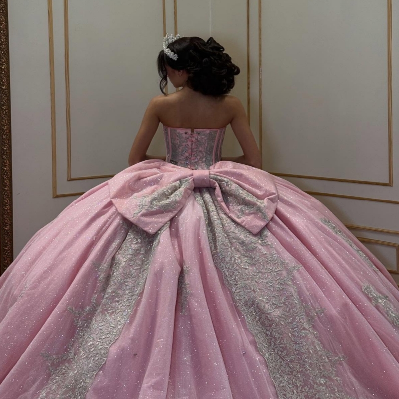 Pink Shiny Quinceanera Dresses Off The Shoulder Applique Lace Beading Crystal Bow Corset Tull Party Birthday Sweet 16 Dress Vestidos 15 Anos