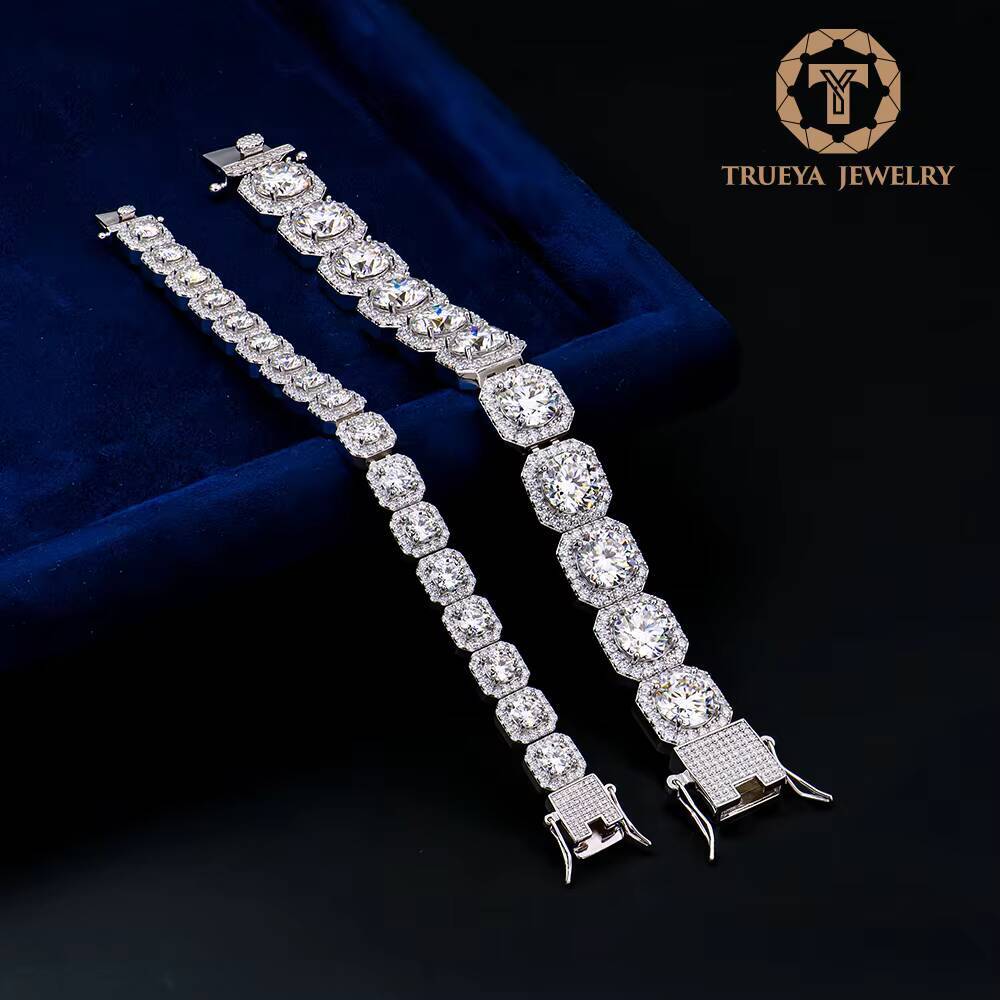 Custom Men Hip Hop Jewelry 925 Sterling Silver Iced Out Square Clustered Diamond Mossanite Moissanite Tennis Link Chain Bracelet