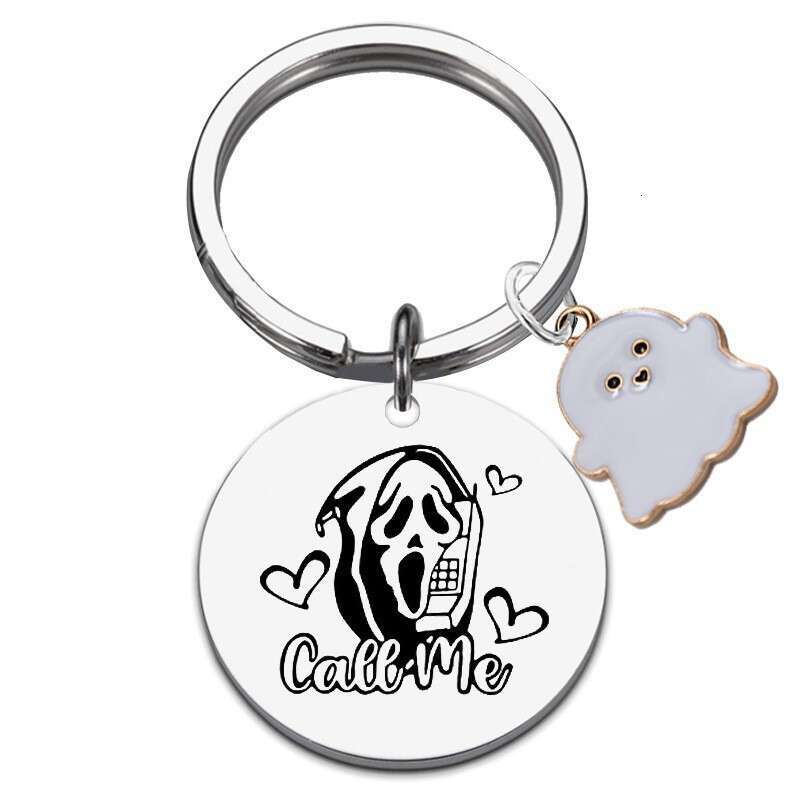 Hot Sale Ghost Stainless Steel Keychain Laser Engravable Round Halloween Pendant