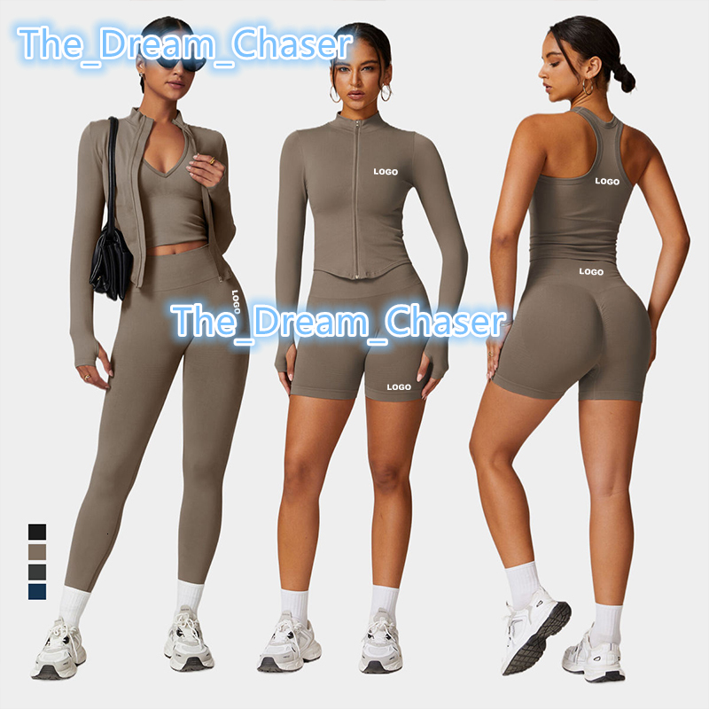 Women Seamless Slim Fit Yoga Set Sports Bra Tank Top Vest High Waist Leggings Biker Shorts Zipper Jacket Coat Fitness Gym Set