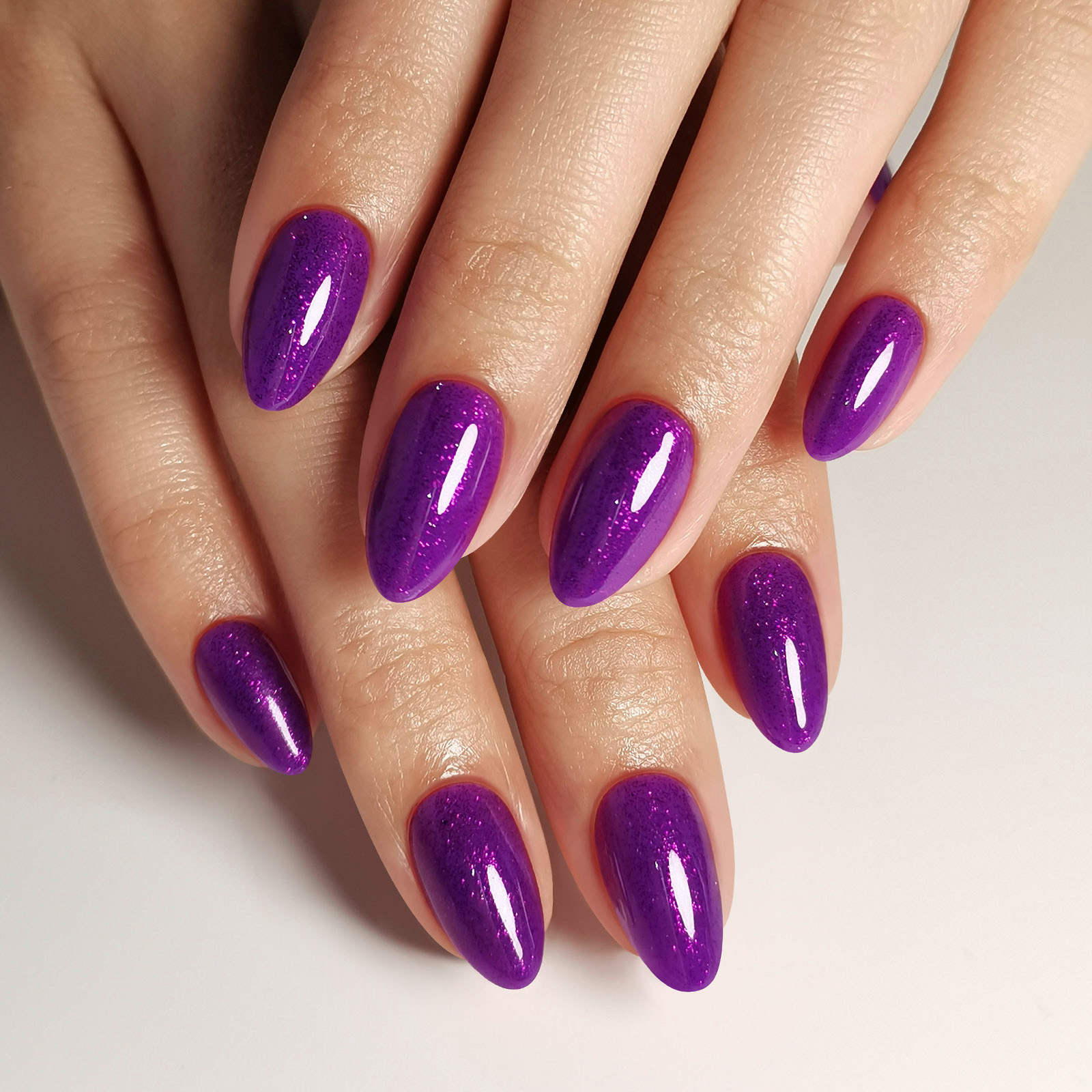 Purple Glitter Studded Almond Short Nails with Shiny Diamonds - Soft Gel Gloss Press - on Nails, 16 Sizes - 32 Reusable Nails