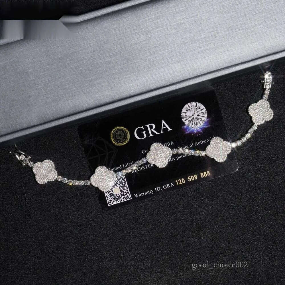 Stylish New Arrival Fashion Femme Design Sier VVS Moissanite Dia Iced Out Four Leaf Clover Tennis Chain Bracelet Free Delivery 78