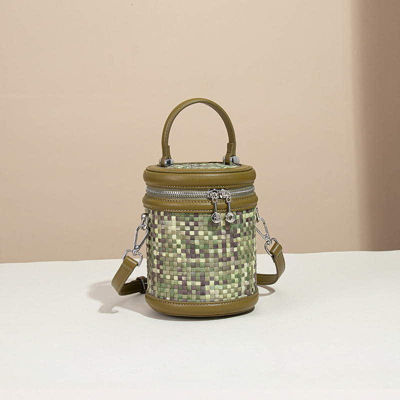 Light Luxury for Women Washed Denim Color-Block Niche Design Fortune Bucket Woven Handbag Tote Cylinder Bag