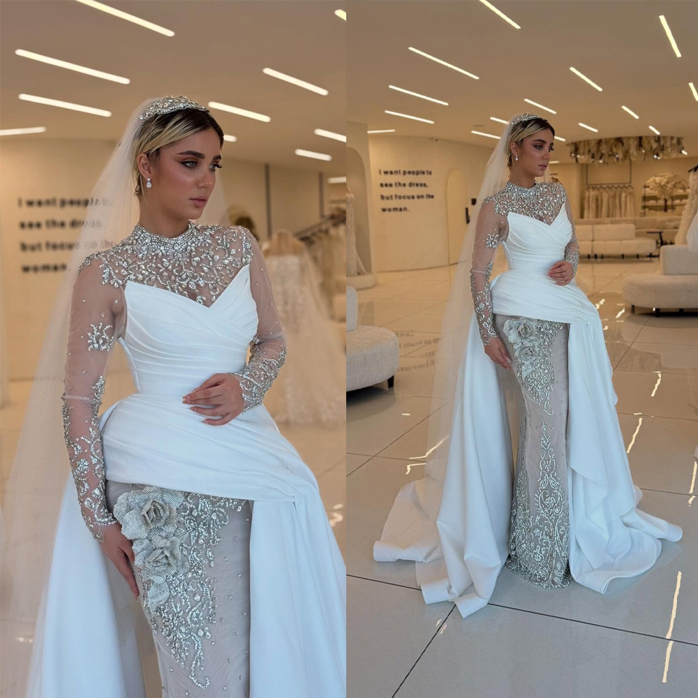 Gorgeous Mermaid Wedding Dress High Collar Long Sleeves Bridal Gowns Crystal Appliques Detachable Train Dresses Custom Made vestidos de novia