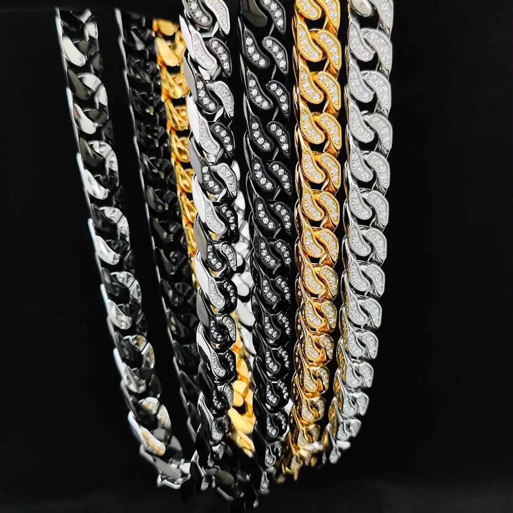 Cuban Link Chains For Men Gold Plating Stainless Steel Women Bling Dia Chain Chunky Necklace 12mm 16 to 26 Inches