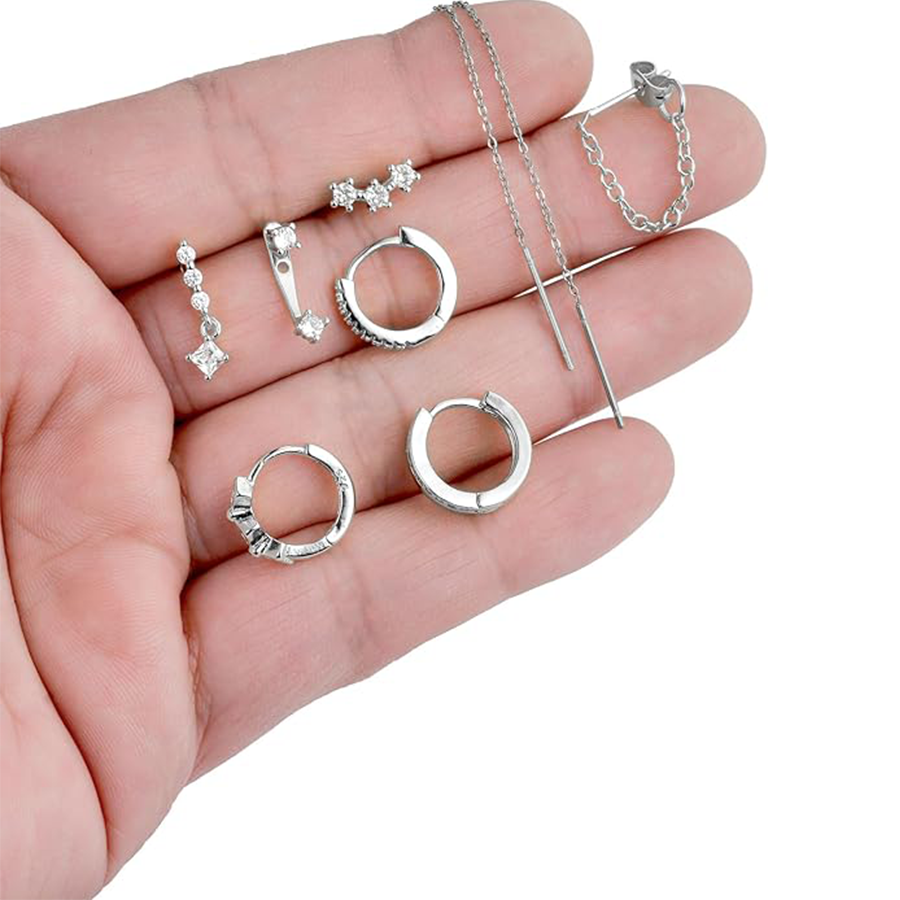 8 Pairs Silver Plated Small Hoop Earring CZ Cartilage Stud Earring for Women Long Chain Drop Dangle Stack Earrings for Multiple Piercings Silver Tone