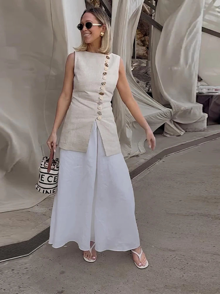 Elegant Solid Women 2 Pieces Suits Oneck Sleeveless Single Breasted Slim Tank Aline Mini Skirts 2025 Summer Lady Sets 250811m