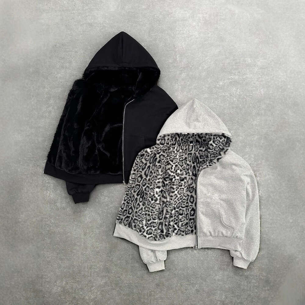 Autumn and Winter New Casual Warm Leopard Print Zipper Loose Reversible Hooded Sweatshirt