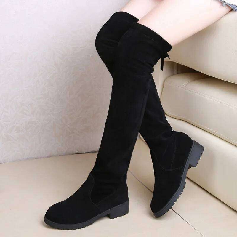 Faux Suede Female Heels Autumn Winter Elastic Knee-high for Women Tube Lace-up Thigh Boots Black Botas