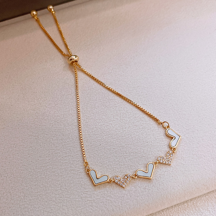 Gold - Toned Heart - Shaped Bracelet With Enamel And Crystal Accents Adjustable Chain Delicate Daily & Romantic Jewelry Gift For Her High - Quality An