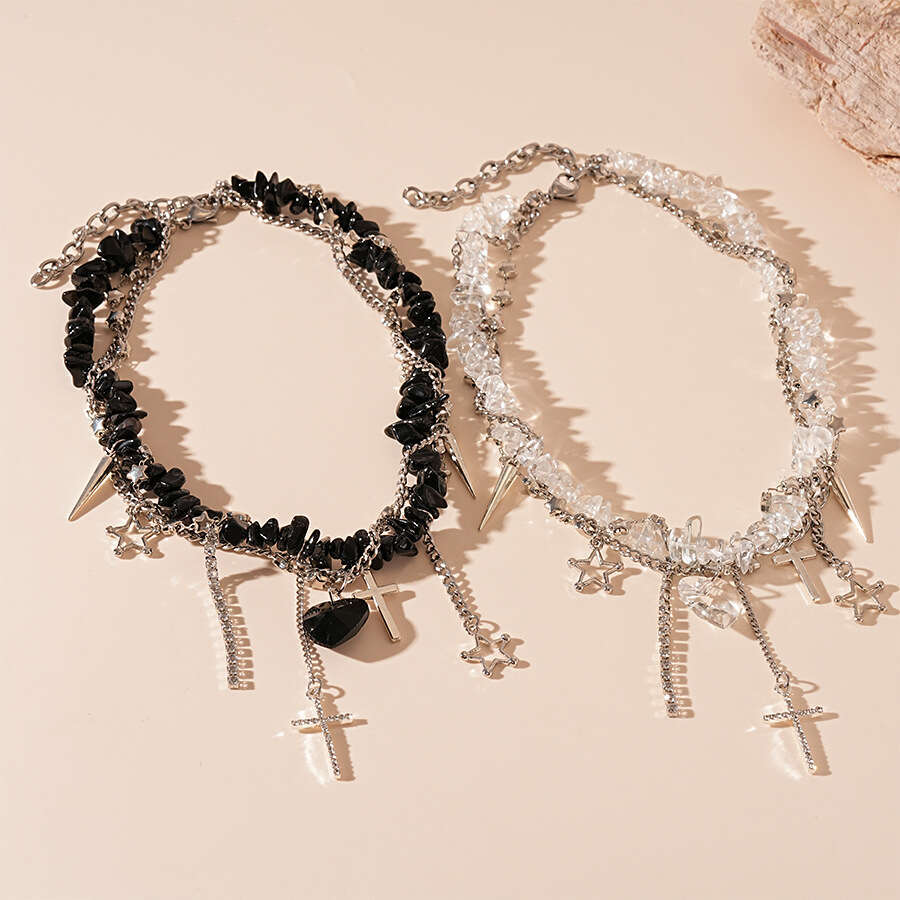 Collarbone Necklace Star Inlaid Dia Cross Heart Artificial Stone Personality Niche Elegant High-end Collarbone Necklace for Women