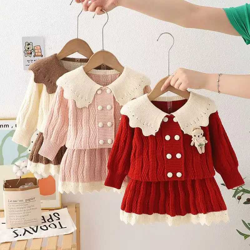 Girls Sweater Set Childrens Cardigan Stylish Autumn and Winter Princess Fashionable Lapel Knit Sweaterskirt Twopiece Set L2509260QUN