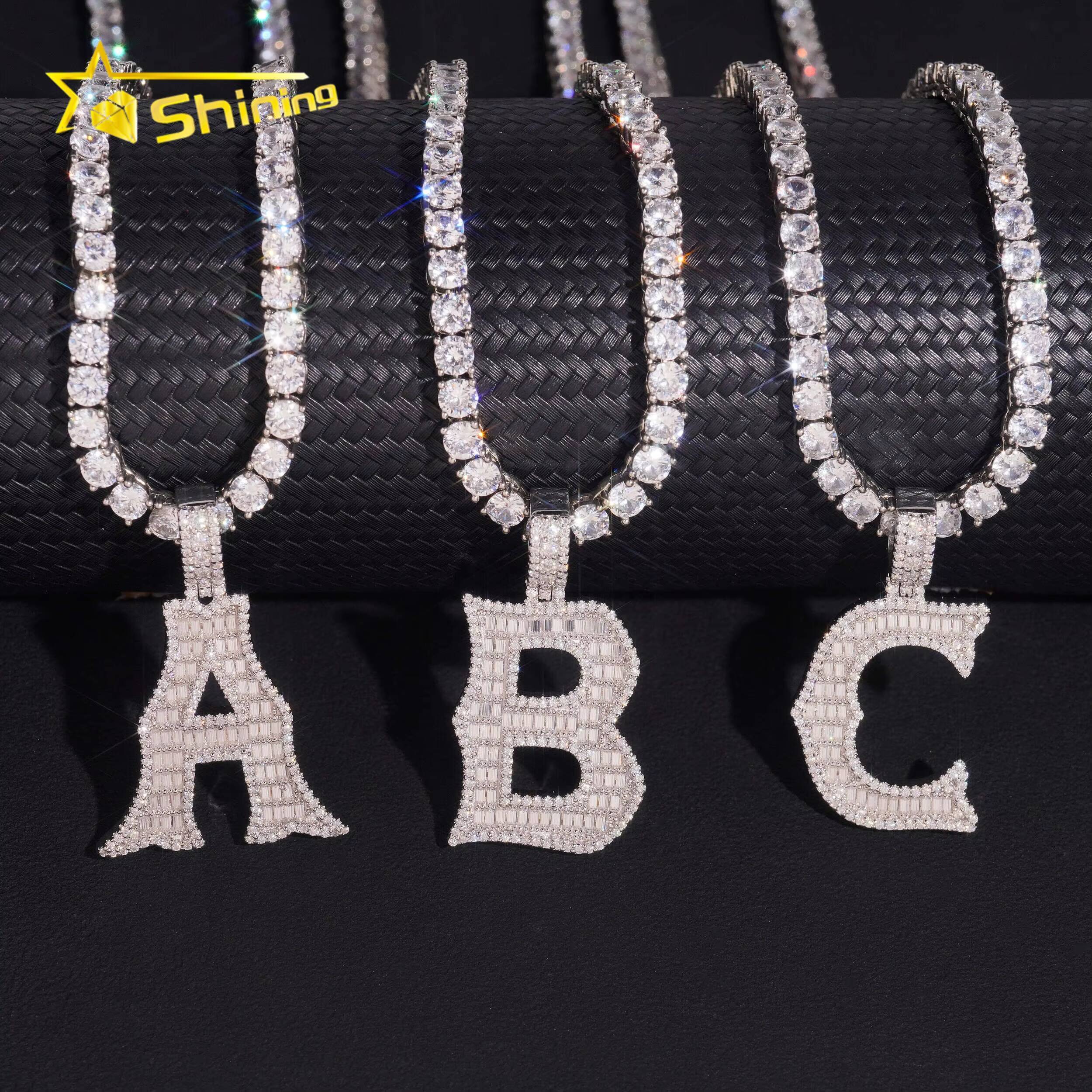 Pass Diamond Tester Baguette 925 Silver Hip Hop Bling Iced Out Moissanite A B C Letter Pendant