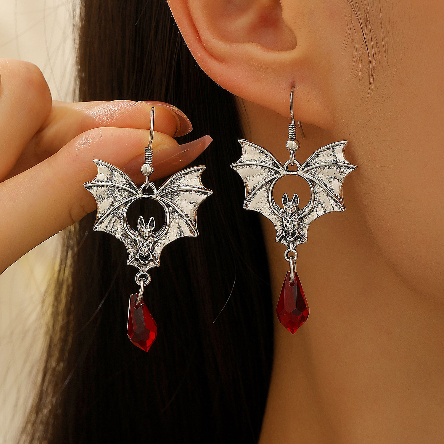 Dark Gothic Style Black Bat Red Crystal For Women Halloween Earrings