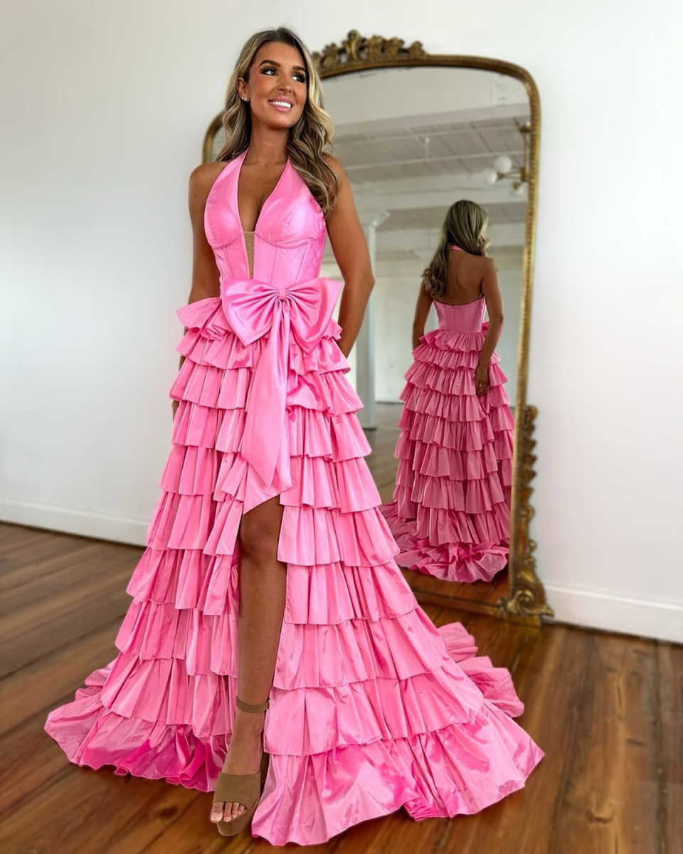 Graceful Prom Dresses Halter Neck Sleeveless A Line Evening Dresses Front Slit Bow Dresses For Special Occasion Customized