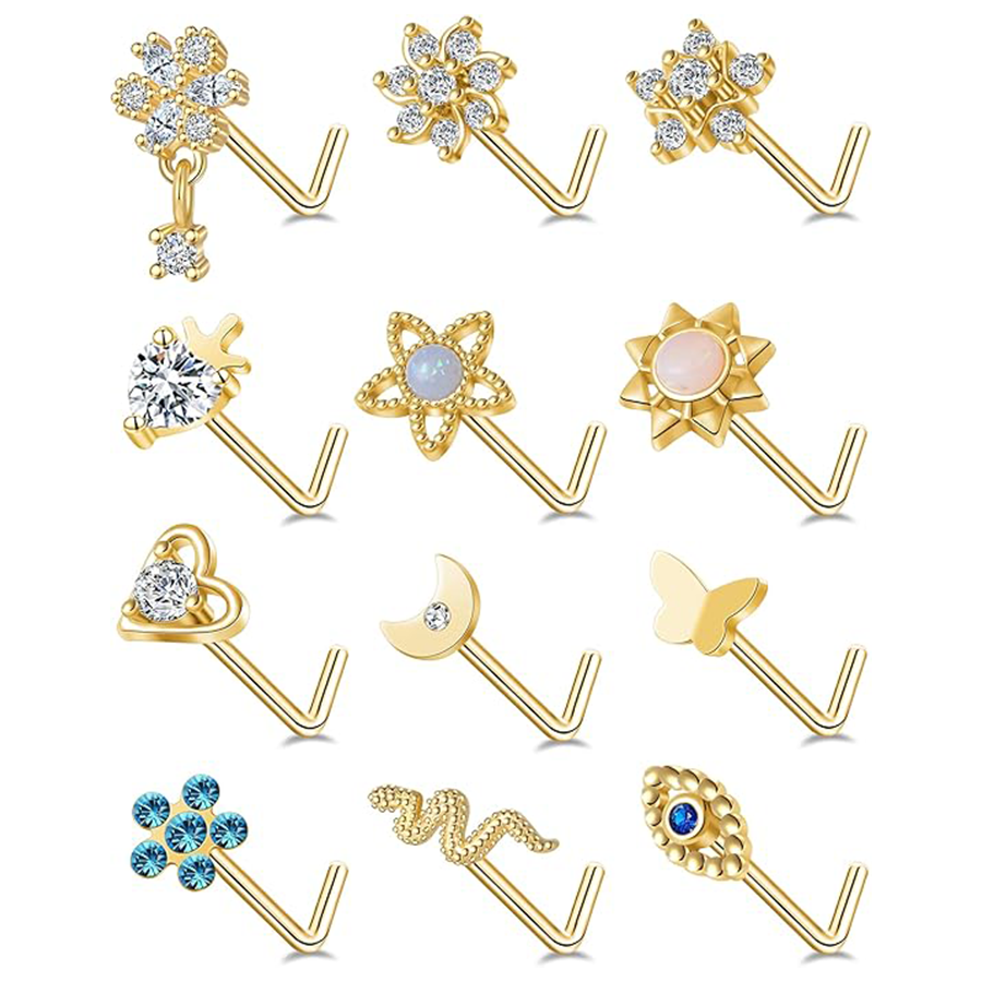 12Pcs Nose Rings Stud L Shape Cubic Zirconia Butterfly Flower Eye Moon Butterfly Heart Snake Shape Nose Studs Piercing Jewelry Gold Plated 20G