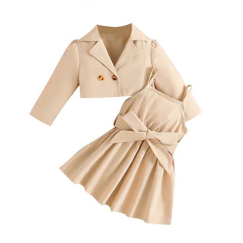Little Girl 2 Pcs Dress Outfit Solid Color Long Sleeve Lapel Jacket with Cami Dress Spring Outfits L250926ZNIC