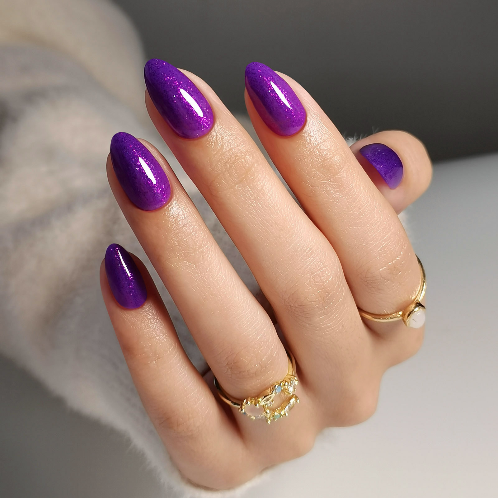 Purple Glitter Studded Almond Short Nails with Shiny Diamonds - Soft Gel Gloss Press - on Nails, 16 Sizes - 32 Reusable Nails