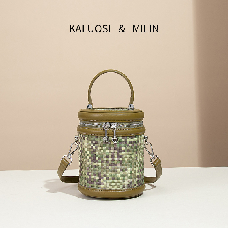 Light Luxury for Women Washed Denim Color-Block Niche Design Fortune Bucket Woven Handbag Tote Cylinder Bag