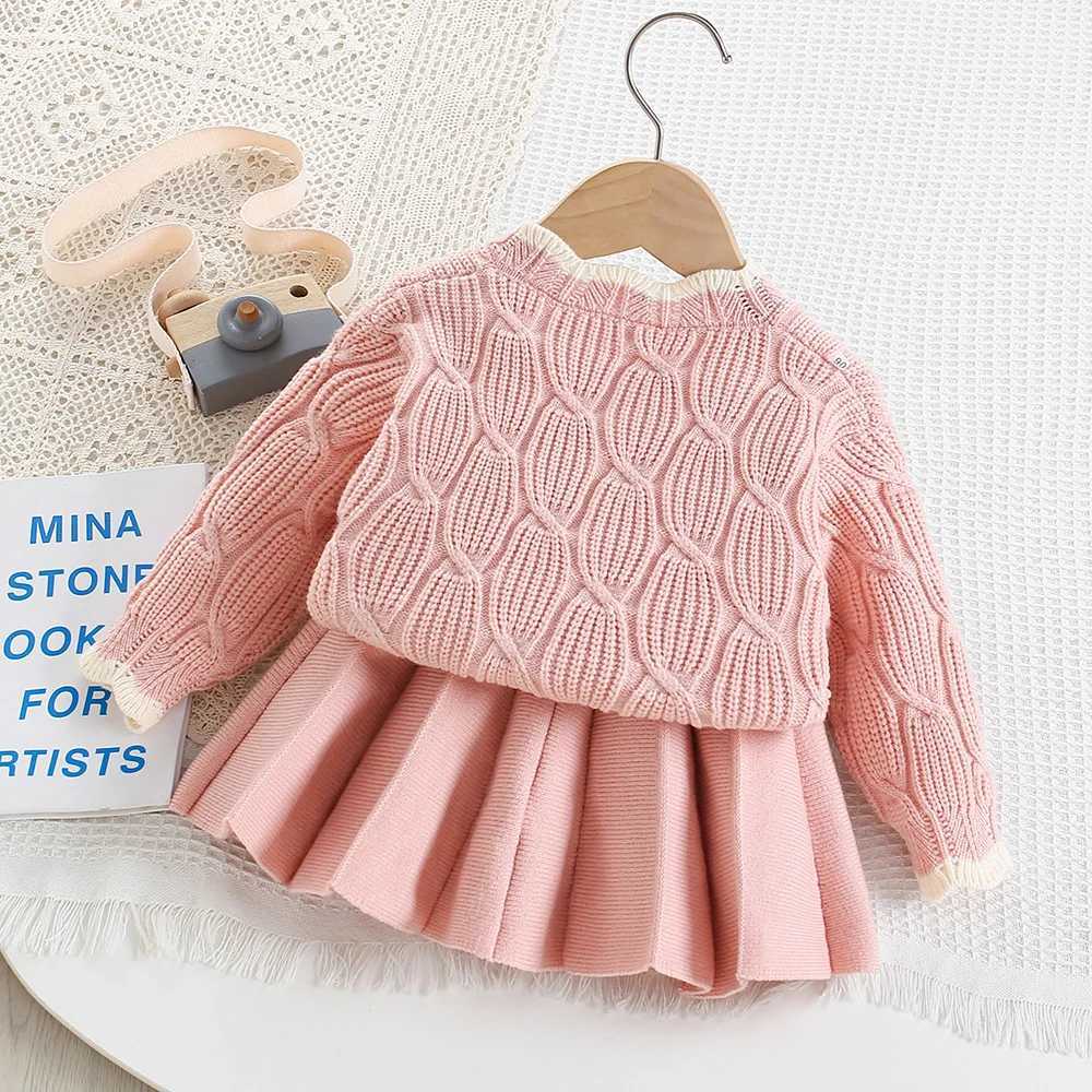 Girls Dress Clothes Sets Spring Autumn Children Woolen Jersey Sweaters Coats Skirts Kids Princess Suit For Baby Party Outfits 6Y L2509261UXP