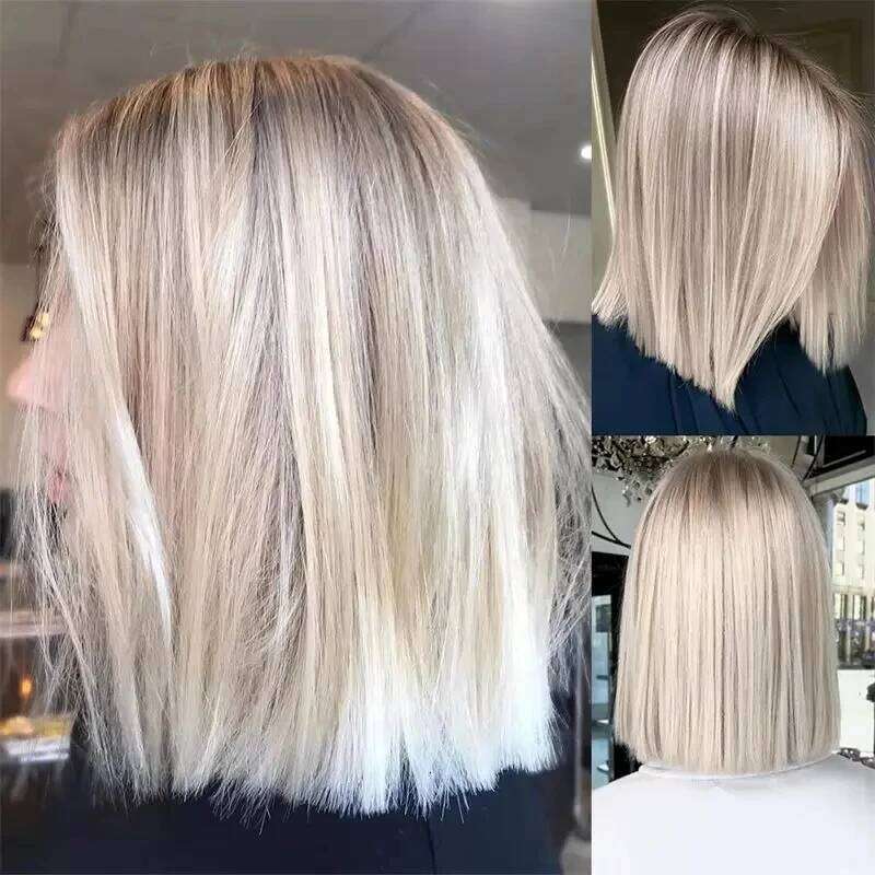 13x4 Ombre Icy Platinum Blonde HD Synthetic Lace Front Free Part Womens Wig Natural Wigs Gift For Her Straight Hair 12''