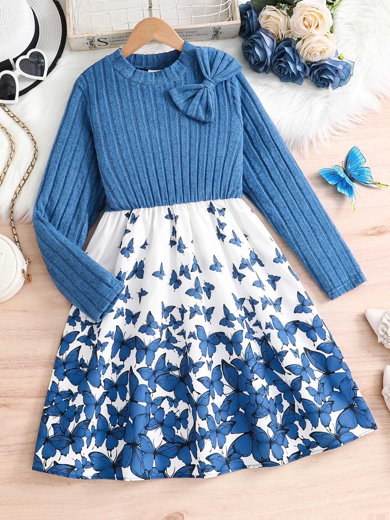 Autumn and Winter New Girls Casual Dress Solid Color Double Matching Printed Dress 812Y L250926TXPZ