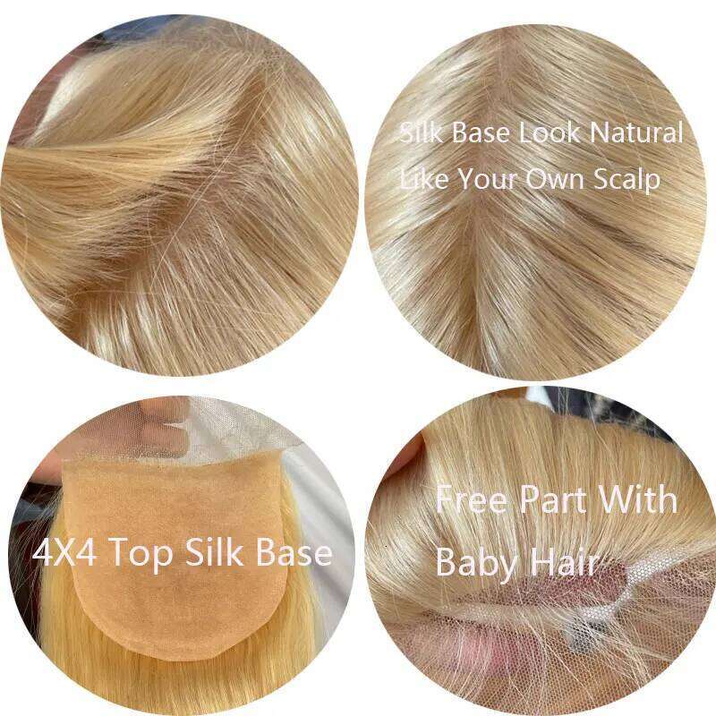 Brazilian Virgin Human Hair Lace For Women Silk Base Top Straight Natural Blonde, Free Part Closure 4x4 "#613 Color
