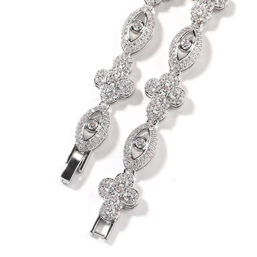 Hip Hop Jewelry Men White Gold Plated 13mm Brass Necklace Rhodium Paved Iced Out Zircon Cross Evil Eye Cuban Link Chain