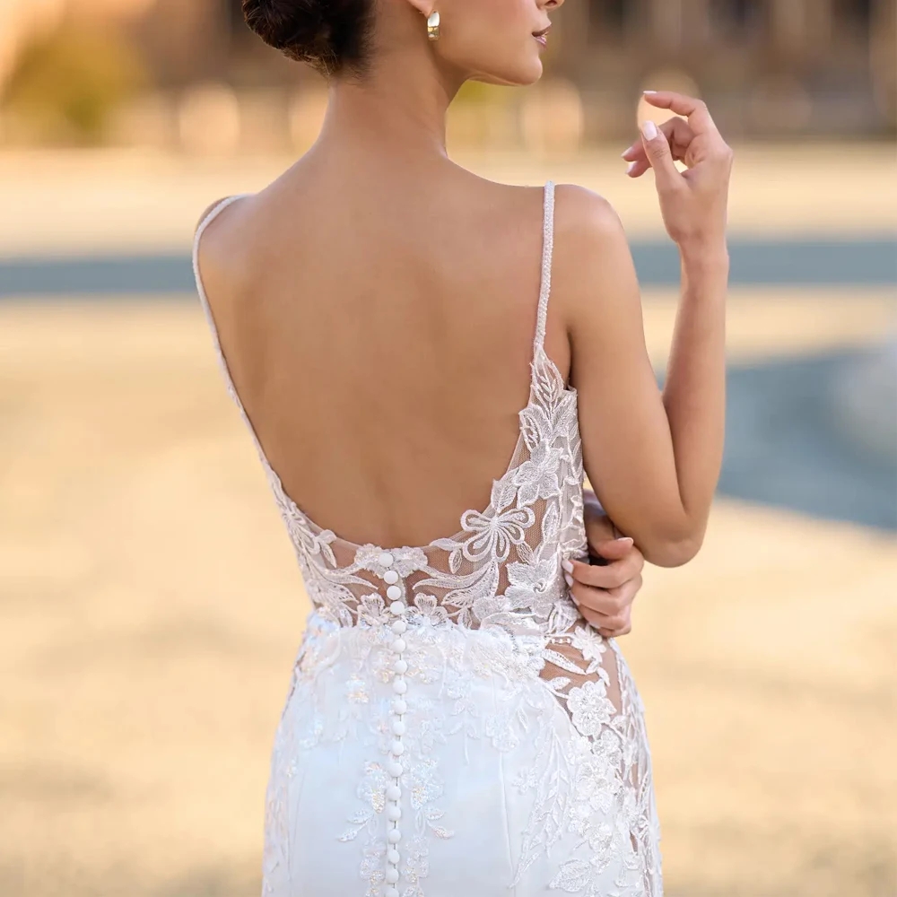 Sexy Mermaid Wedding Dress 2026 Spaghetti Strap V Neck Backless Applique Lace Satin Bridal Bride Gown Boho Beach Vestido de Novia