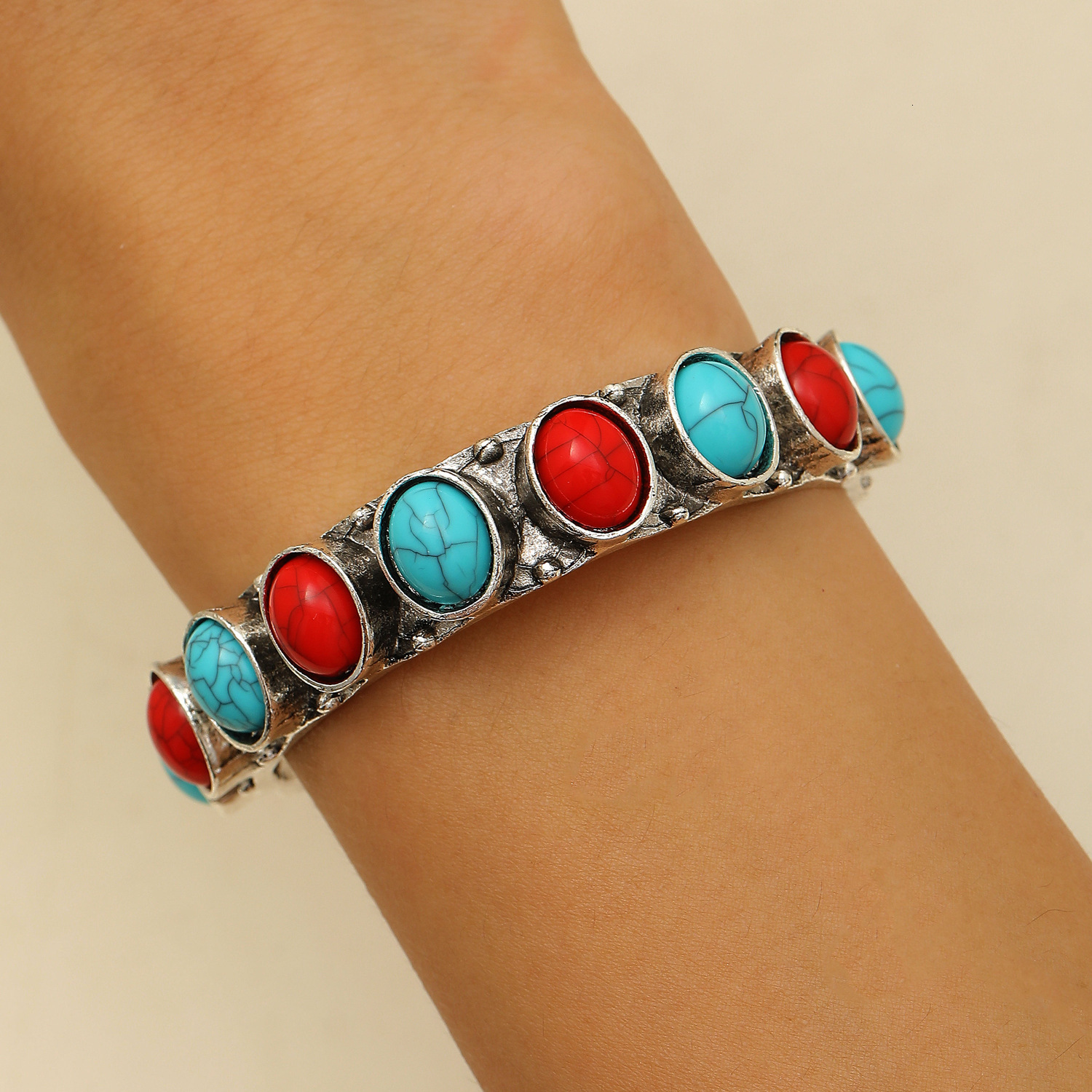 Ethnic Style Bohemian Turquoise For Women Carved Hollow Adjustable Open Bracelet