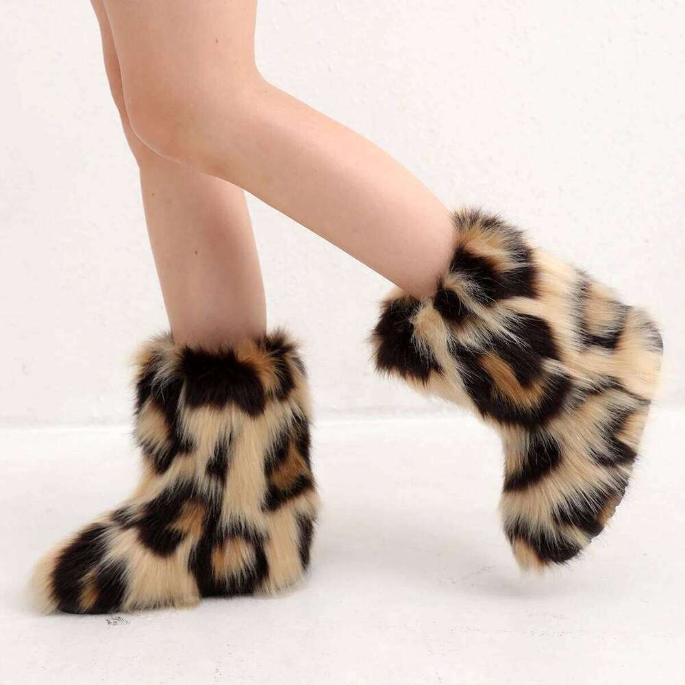 Women Faux Fur Winter Fluffy Plush Warm Mid Calf Snow Fashion Furry Boots Comfortable Outdoor Flat Shoes