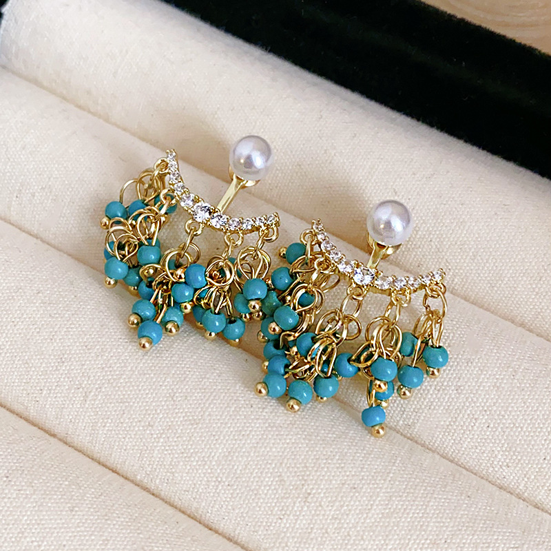 Gold - Toned Dangle Earrings With Turquoise Beads, Pearl And Zircon Accents Delicate Daily & Elegant Jewelry Gift For Her High - Quality And Stylish A