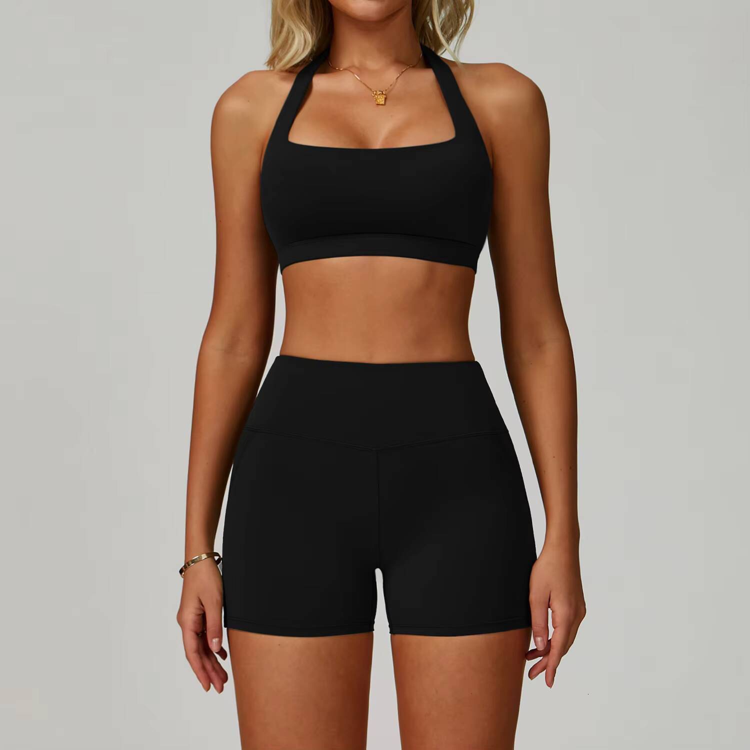 Yimo Women Nude Felling Halter Bra Yoga Bodysuit Lady Hip Lift Flare Pants Gym Set Female High Waist Scrunch Butt Sports Suit