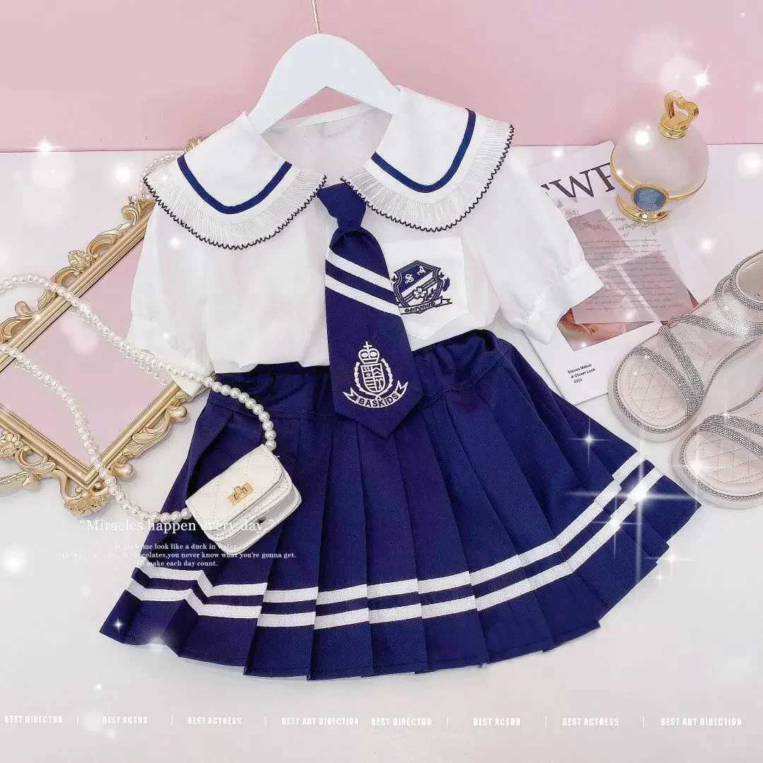 College Style Jk Uniform Suit Korean Junior Girls Summer Clothes ShortSleeved Shirt Pleated Skirt With Tie Kids 3Pcs Sets L2509264MF5