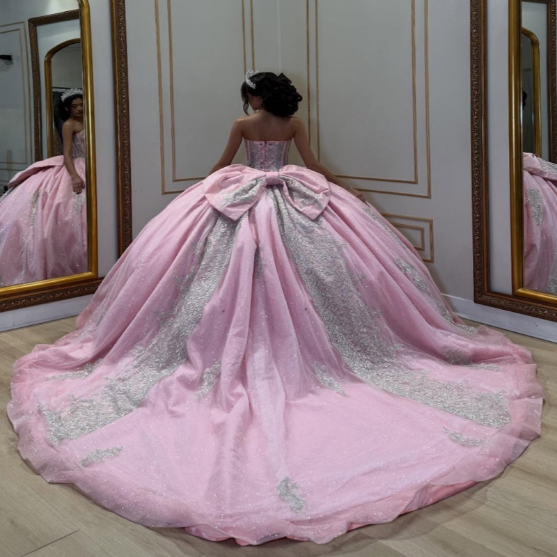 Pink Shiny Quinceanera Dresses Off The Shoulder Applique Lace Beading Crystal Bow Corset Tull Party Birthday Sweet 16 Dress Vestidos 15 Anos