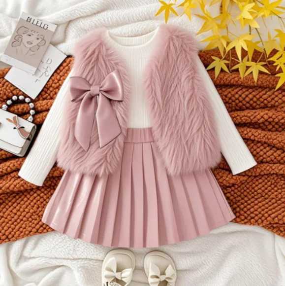 Autumn Winter Girl Clothes Set Baby Toddler Girl Suits Fur Vest Long Sleeve Shirt Base Layer and Faux Leather Skirt Pleated Chic L250926UOK0