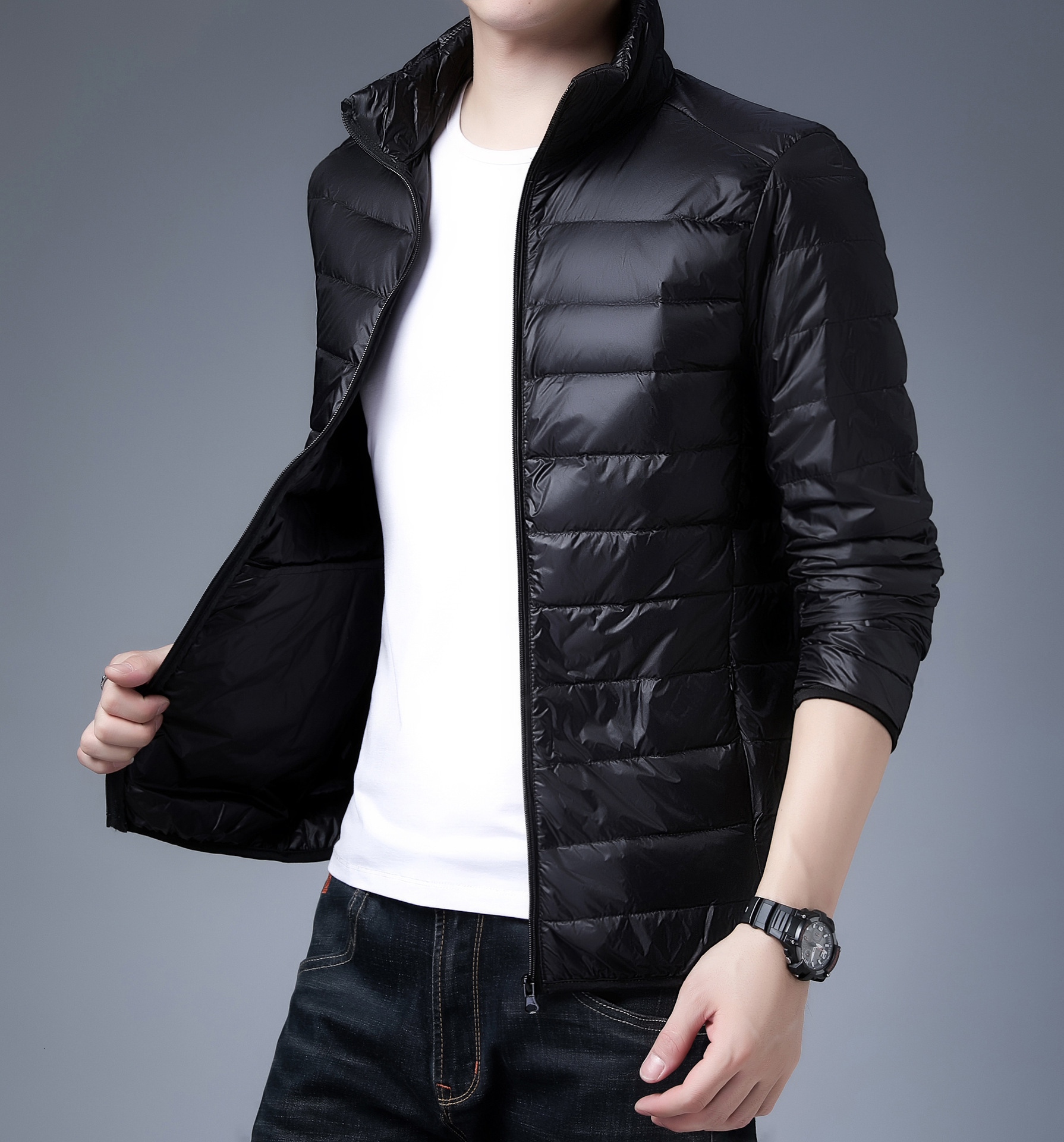 2025 New Lightweight Down Jacket Men's Hooded Stand Collar Short Large Size Men's Clothing for Middle-aged Lightweight Thin Style