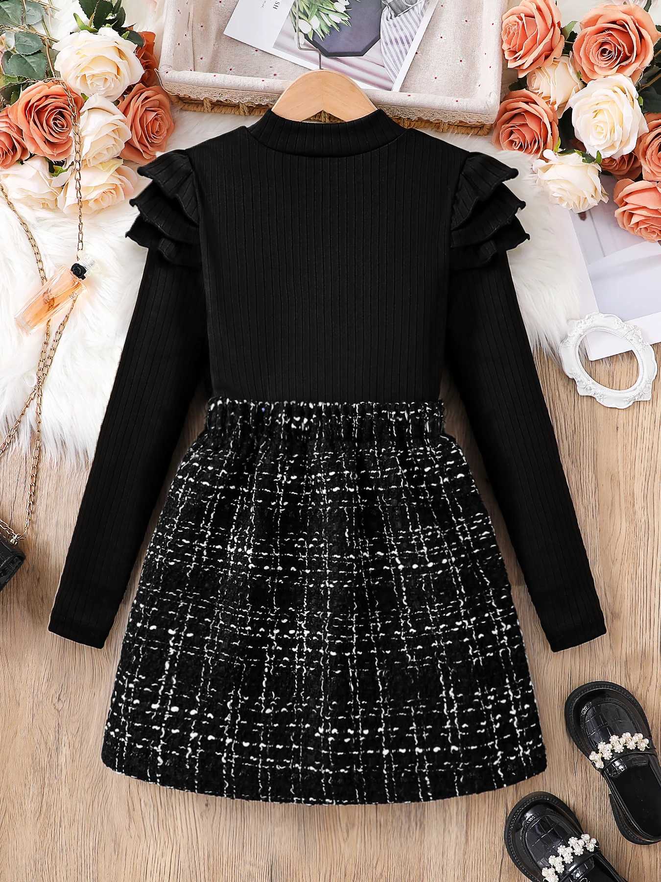 Kids fashion Fall Set 2 piece girls black high neck layered petal sleeve long sleeve top Aline skirt L250926JXGP