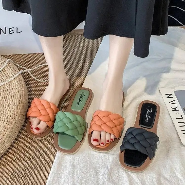 Solid Color Women's Woven Beach Walkers - Comfortable Flat Sandals for Summer Sandals Walking Solid Color Women Shoes Woven Beach Female Slippers