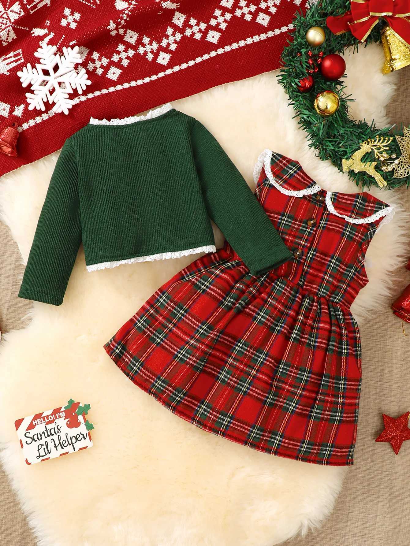 Christmas Baby Girl Set Doll Collar Flip Collar Checkered DressKnitted Cardigan Coat Lace Casual Cute Two Piece Set L250926XD4X